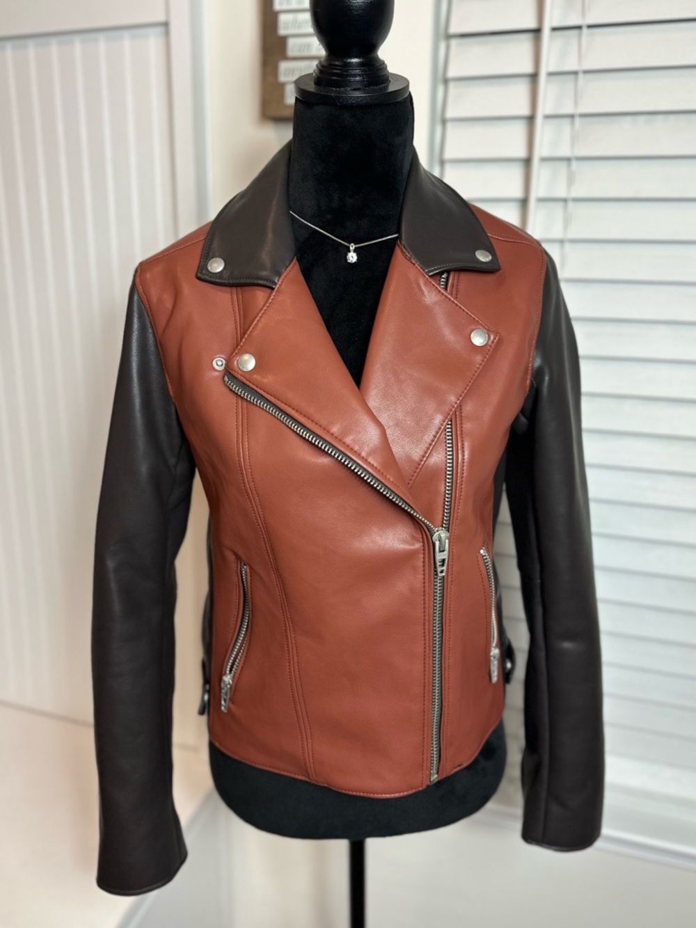 Blank NYC Two-Tone Faux Leather Jacket in Rust and Dark Brown